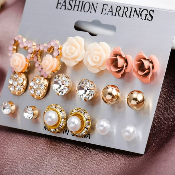 Elegant 9 Pairs/Set Women's Pearl Flower Crystal Studs Earrings Ear Jewelry Gift 